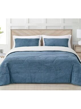 Plush Reversible Blue Sherpa Comforter Set king 3 piece set